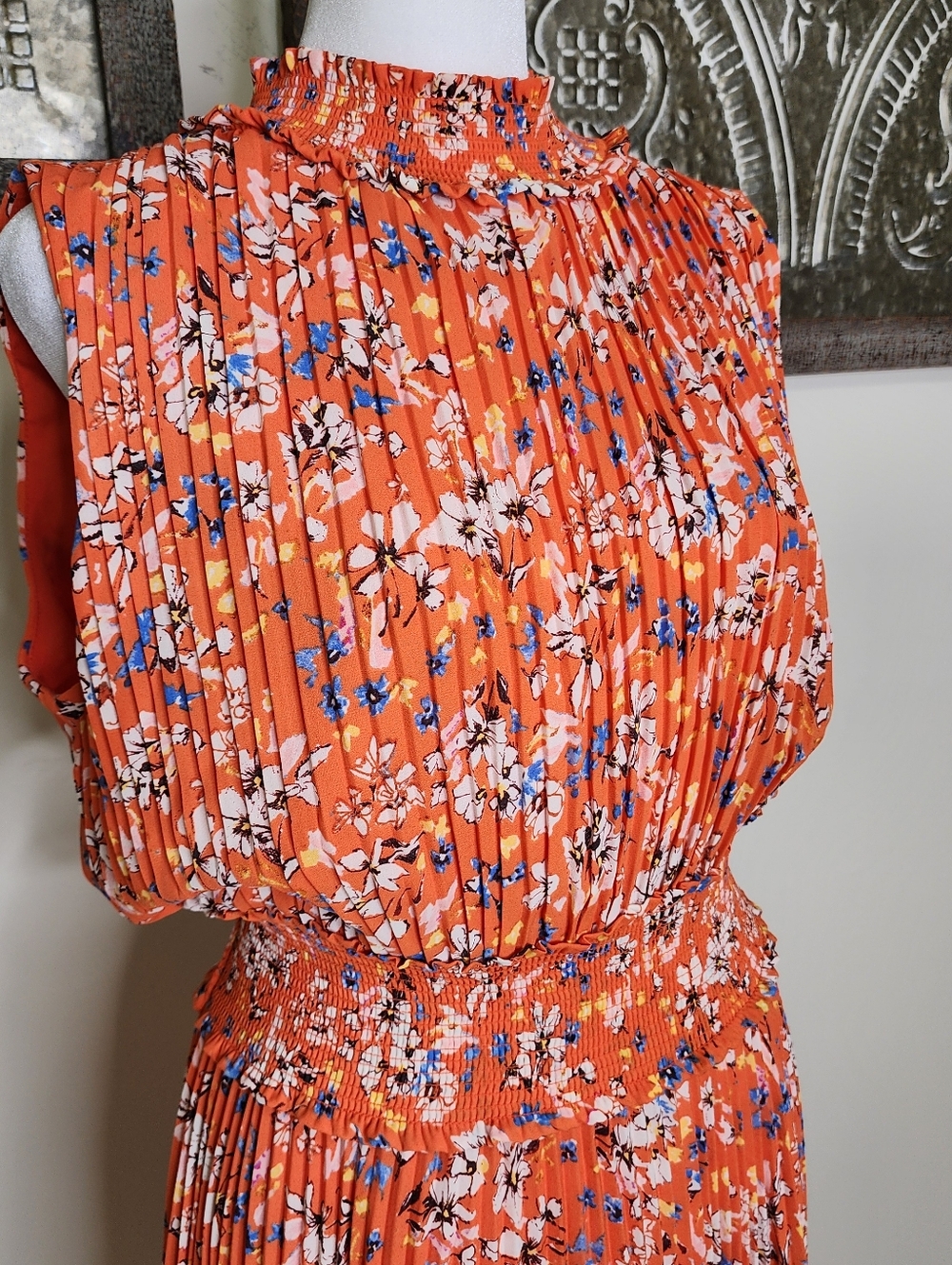 Nanette Lapore Orange Floral Pleated Sleeveless Drop Waist Midi Dress Sz12 Party - Picture 5 of 14